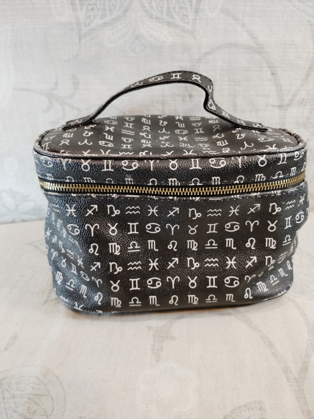 Black Zodiac-Print Cosmetic Travel Case with Top Handle